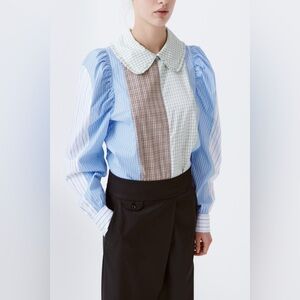 Munthe Robert Patchwork Shirt Sz 10 Puff Sleeve Peter Pan Collar